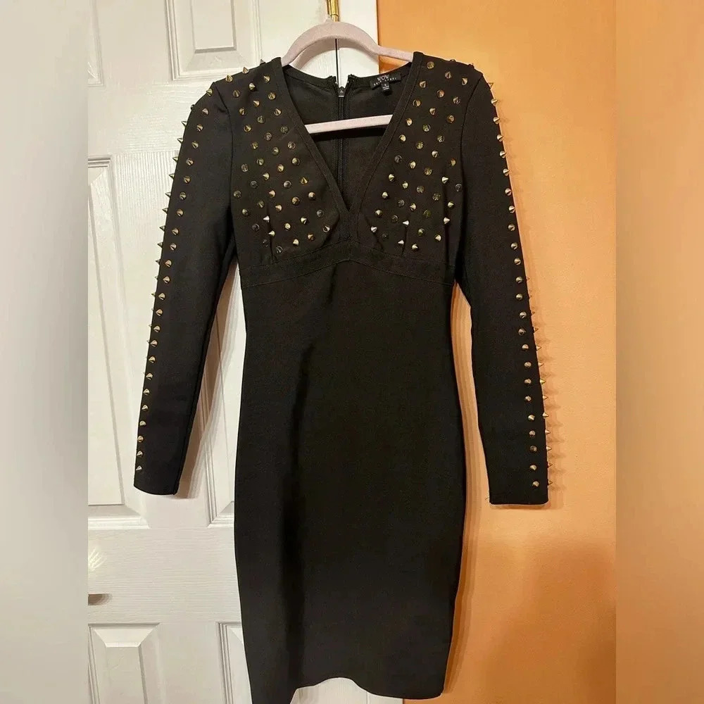 Women’s bodycon stretchy material Black dress with Gold spikes